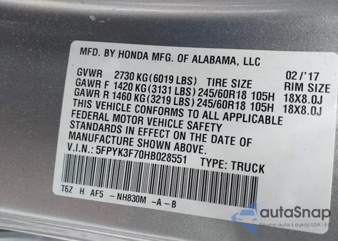 2017 Honda Ridgeline Rtl-E z USA, uszkodzony, nr VIN 5FPYK3F70HB028551